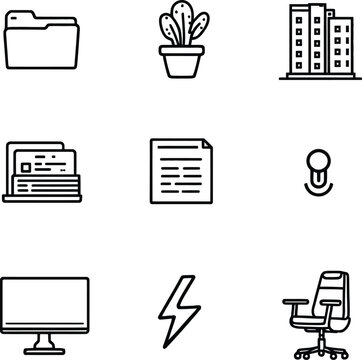 Icon set featuring office elements like folder plant building documents pin screen and chair in black outline silhouette