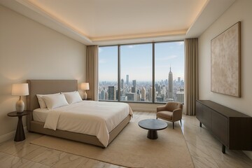 Fototapeta premium Modern Bedroom With Panoramic City View