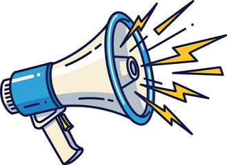  Vector art of cartoon illustration of a megaphone emitting sound waves and lightning bolts