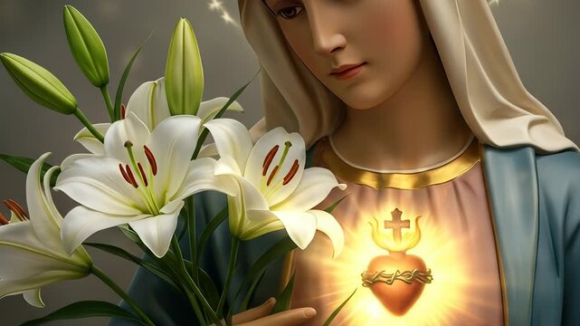 Portrait of Virgin Mary Holding Lilies with Sacred Heart Glowing Radiantly