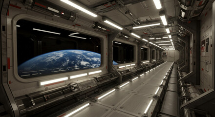 Obraz premium Futuristic space station window with neon lights showing galaxy view 