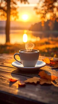 Autumnal coffee by a lake