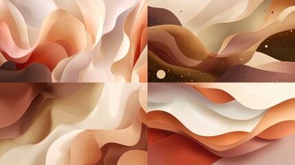 A four-panel abstract composition of layered, flowing, and translucent forms in warm, earthy tones