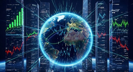Global Financial Market Data Visualization Interconnected Earth with Digital Network and Business Growth Charts Displayed on Skyscrapers in a Futuristic Cityscape