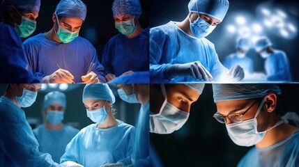 Surgeons in blue scrubs operating under bright lights, focused on a patient in a hospital setting