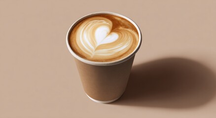 Heart latte art in paper coffee cup on simple beige background