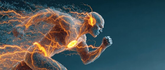 Dynamic runner bursts with energetic light trails, a modern concept for speed, agility, and power in sports, technology, or innovation projects