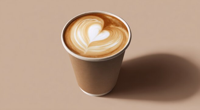 Heart latte art in paper coffee cup on simple beige background