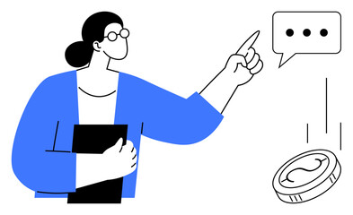 Female figure holding a folder, pointing at a speech bubble with ellipsis, coin symbolizing finance or ideas. Ideal for communication, leadership, decision-making, education, finance, innovation