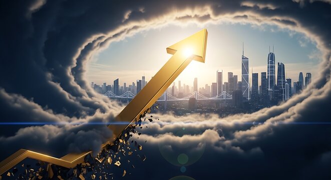 Upward arrow over a cityscape at sunrise representing progress, ambition, and future financial success