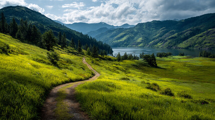 Naklejka premium A vibrant green hillside with a winding trail overlooks a tranquil lake and distant mountains on a beautiful day