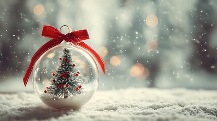 A festive christmas ornament with tiny tree inside snowy backdrop