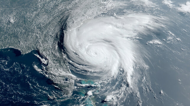 A massive hurricane with a well-defined eye swirls over the Atlantic Ocean as seen from a satellite approaching the southeastern United States coast - Powered by Adobe