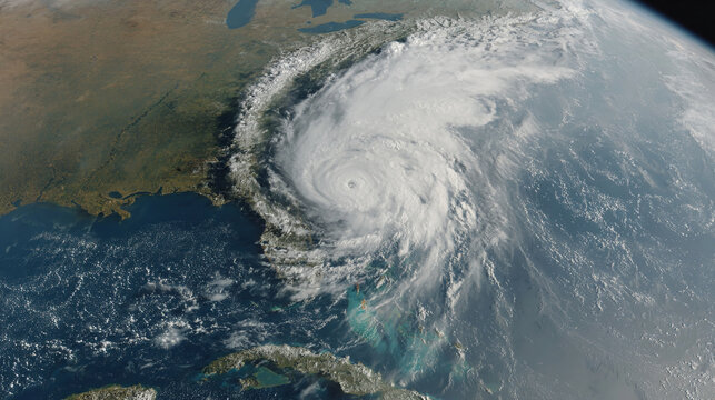 A powerful hurricane with a distinct eye churns in the Atlantic Ocean as seen from space approaching the coast of North America