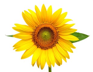 Naklejka premium Close-up of a vibrant sunflower against a white background. Bright yellow petals, dark center