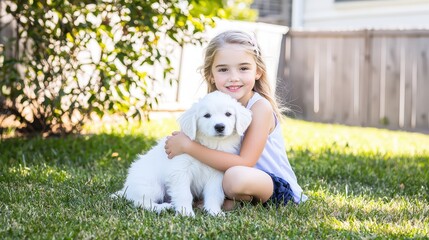 A young girl sits on the grass, gently hugging her playful puppy, with a backdrop of a sunny backyard. This heartwarming image captures the serenity and joy shared between them, including ample space