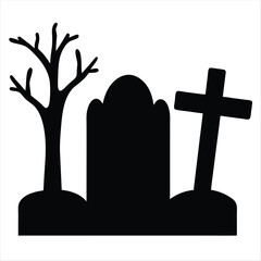 Spooky graveyard scene with a bare tree, tombstone, and cross