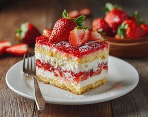 Delicious layered strawberry shortcake dessert with fresh fruit and creamy filling on a white plate