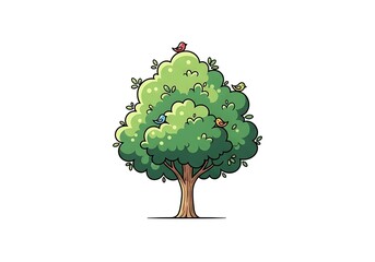 Cartoon Tree with Birds Illustration Isolated on White
