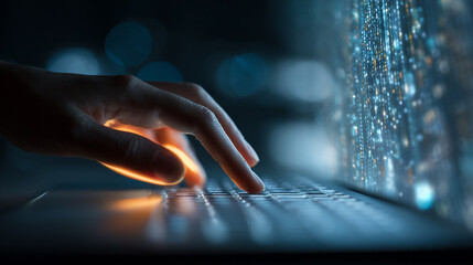A person types on a laptop keyboard in a dark setting as glowing digital data streams across the futuristic computer screen