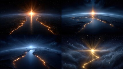Aerial view, shining light beam piercing the atmosphere over the planet Earth surface.