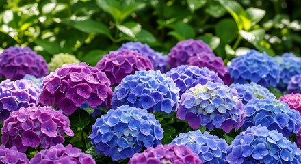 Obraz premium Colorful Hydrangea Blossoms in a Garden Displaying Vibrant Floral Tones