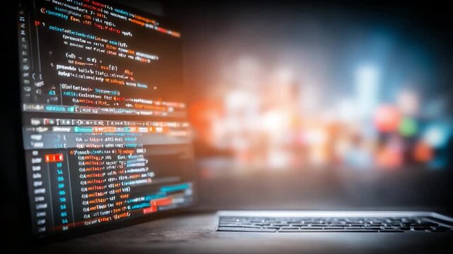 Code Illuminated: A vibrant display of digital code glows in the dark, showcasing the intricate language of programming and technology.
