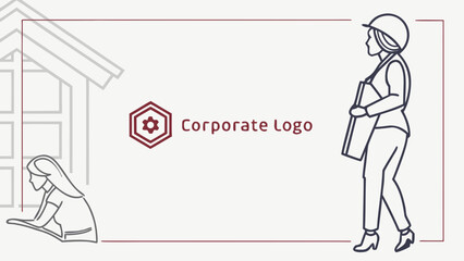 Illustration of two women, one standing with a hardhat, and a corporate logo with a house outline