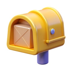 Yellow mailbox with a package inside, isolated on transparent background