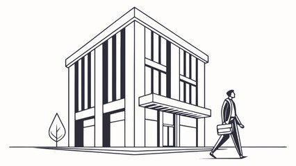 Man with briefcase walking towards a modern building with tree on the side in black and white style