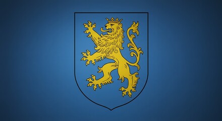 Heraldic lion emblem on blue backdrop for design and illustration