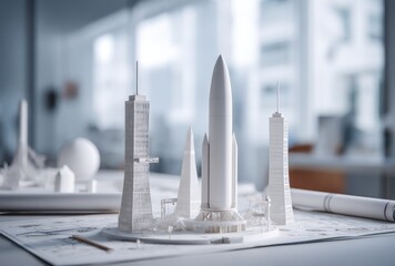 Detailed scale model of a futuristic skyscraper complex with tall towers and sleek design