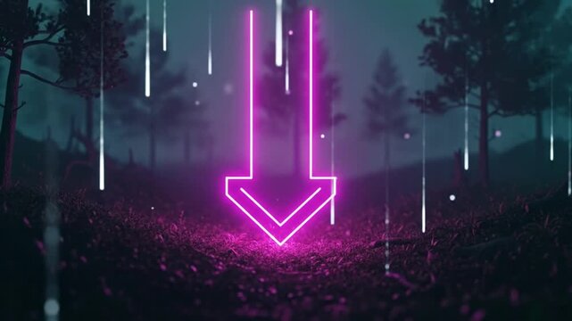 Glowing neon pink down arrow in a dark, enigmatic forest, accompanied by falling digital light trails, suggesting themes of data, technology, or a mysterious journey