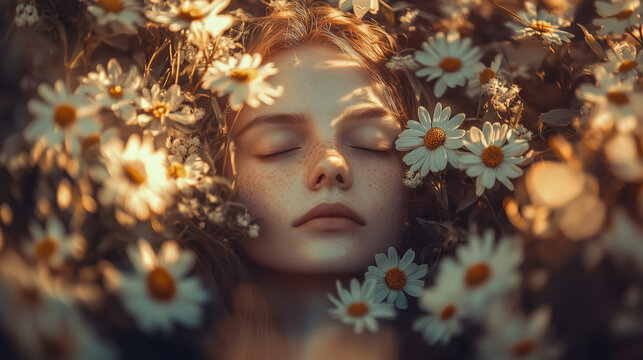 A person lying peacefully, calmly and relaxing, the concept of healing the soul with light and nature