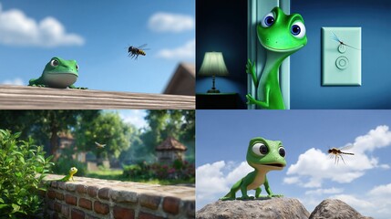 Four panels depict a cartoon lizard or frog in various outdoor and indoor scenes, encountering insects