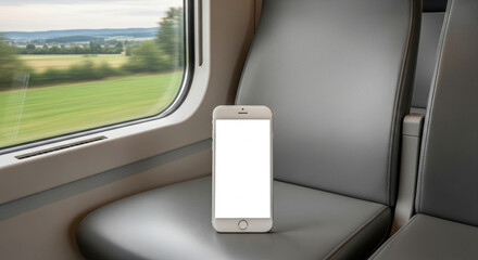Smartphone blank white screen on empty train seat travel with fast motion blur