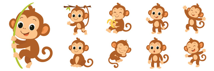 Playful Monkey Cartoon Characters in Various Poses. Hand Drawn Vector Art