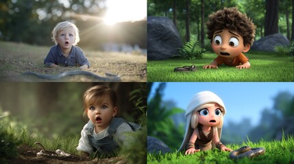 and keywords for the images you provided

 in 83-char detailed description

Surprised Children Encountering Snakes Real Life and Cartoon Renderings, Fear and Discovery