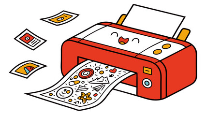 Cute cartoon laptop with a smiling face, fun digital Cute cartoon printer machine illustration, funny office tech mascot printing colorful paper sheets in doodl, stock icons, and funny design elements