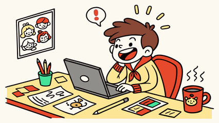 Cartoon illustration of a graphic designer at desk with laptop, coffee mug, doodles, messy workspace, cute creative vector art for stock and stickers