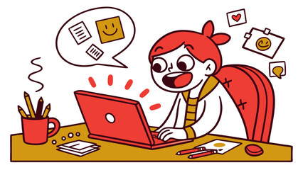 Cartoon illustration of a graphic designer at desk with laptop, coffee mug, doodles, messy workspace, cute creative vector art for stock and stickers