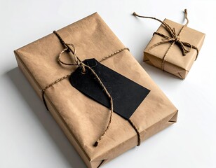 Wrapped gifts, craft paper, twine, black tag, plain white