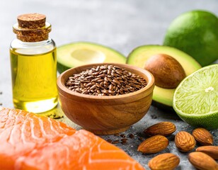 Healthy fats salmon, oil, avocado, seeds, nuts on gray