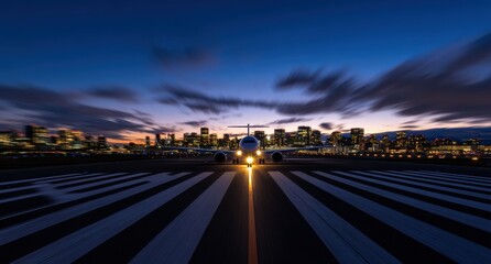 Fototapeta premium Aircraft on runway, city lights blurred at twilight
