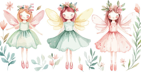 Three whimsical watercolor fairies with delicate wings and floral headbands in a soft pastel garden setting