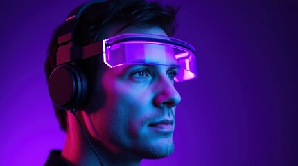 Man in VR headset with neon light.