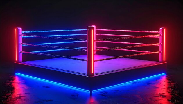 Futuristic empty boxing ring illuminated by glowing red and blue neon lights symbolizing a competitive battle and confrontation