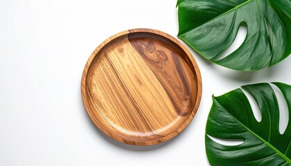 Wooden bowl with tropical leaves, clean white background