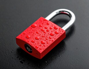 Red padlock covered in water droplets on a dark surface