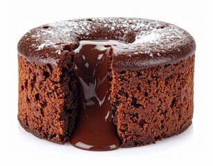 Chocolate lava cake with oozing center, powdered sugar dust